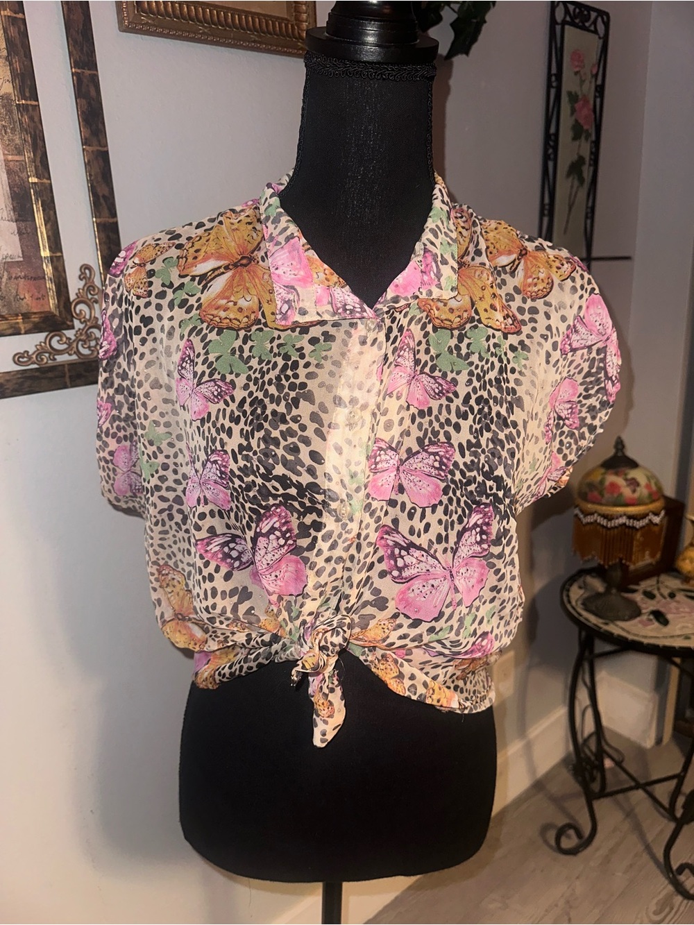 Vintage Melissa Evan’s Butterfly Animal Leopard Print Sheer Collared Blouse, L